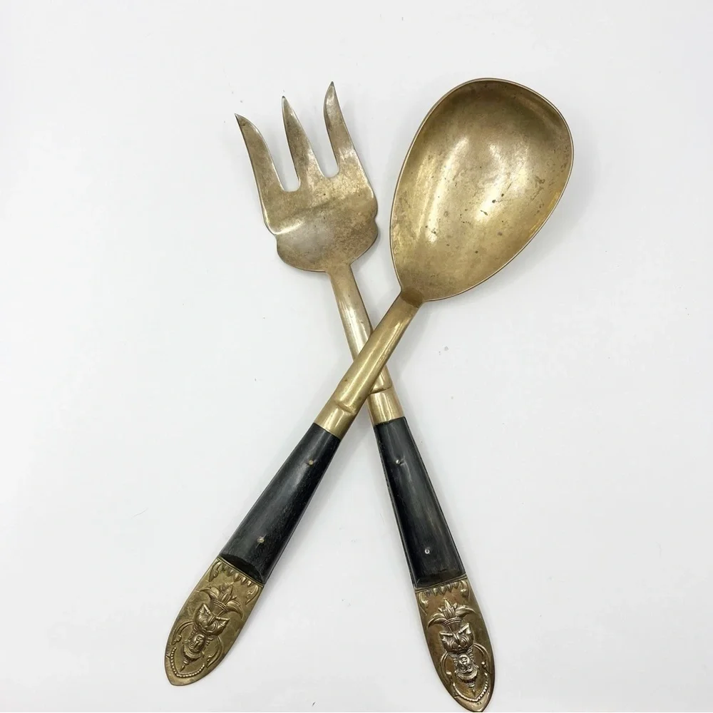 Brass Bronze Wood Handle Salad Serving Spoon & Fork Flatware Thailand Siam